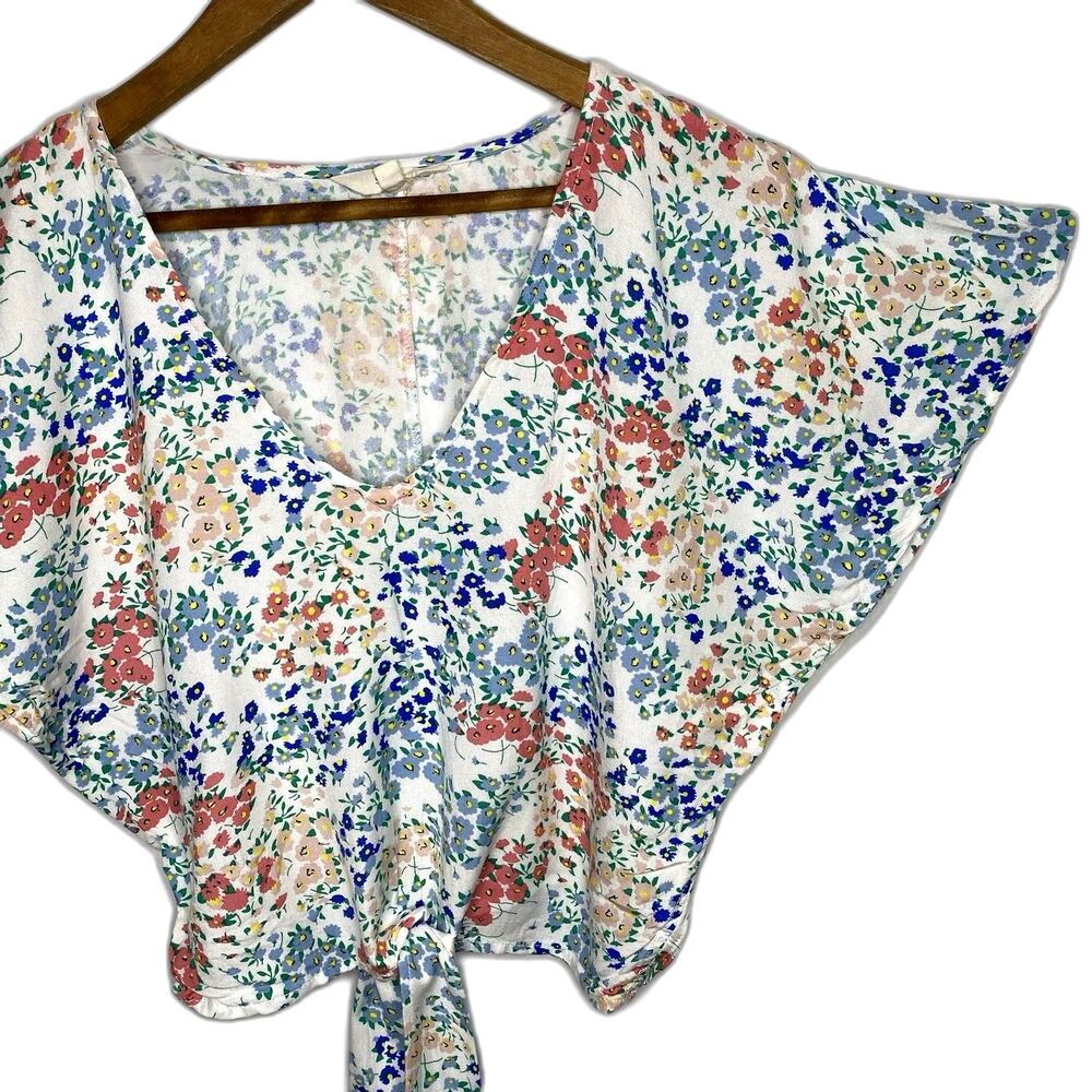 Sim & Sam Cropped Tie Front Top Floral V-Neck Cottagecore Croquette Womens XS